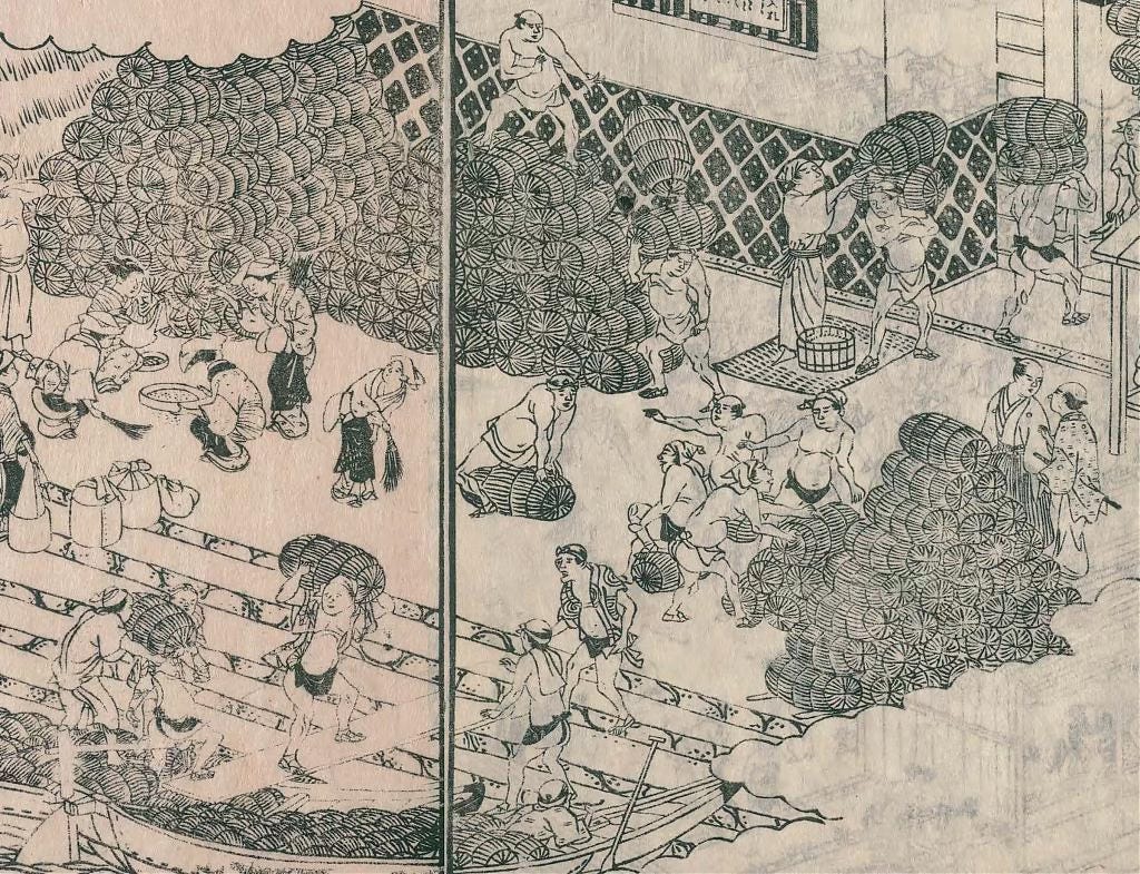 Transferring rice bales to a kurayashiki as illustrated in Settsu Meisho Zue, 1790s Transferring rice bales to a kurayashiki as illustrated in Settsu Meisho Zue, 1790s