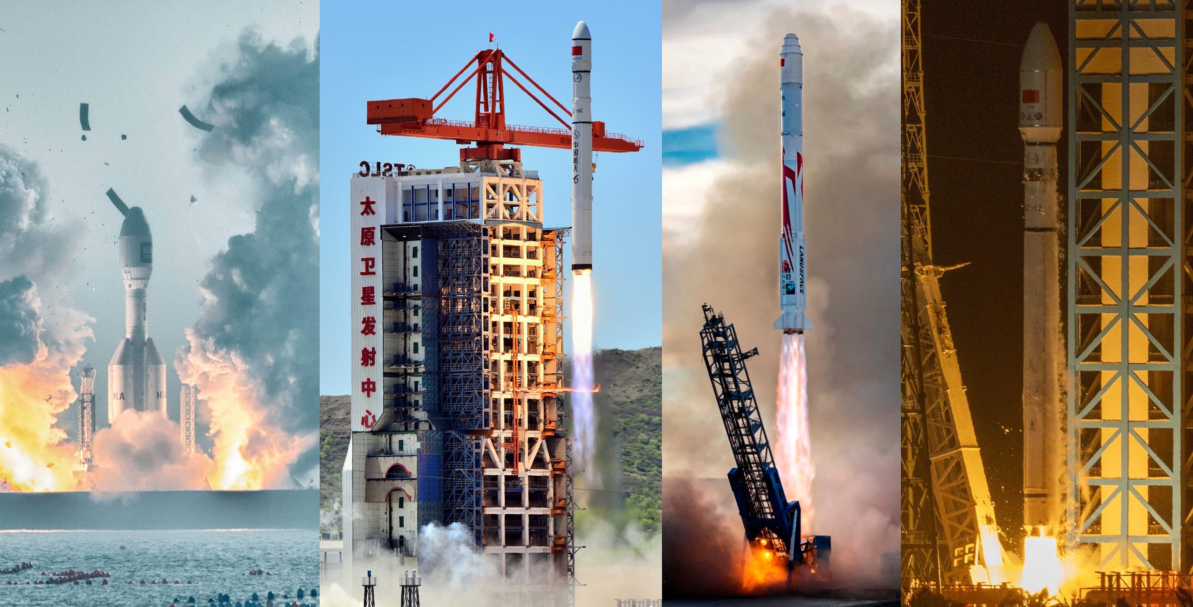 Gravity-1 (left), the Long March 6C (center left), Zhuque-2E (center right), the Long March 12 (right).