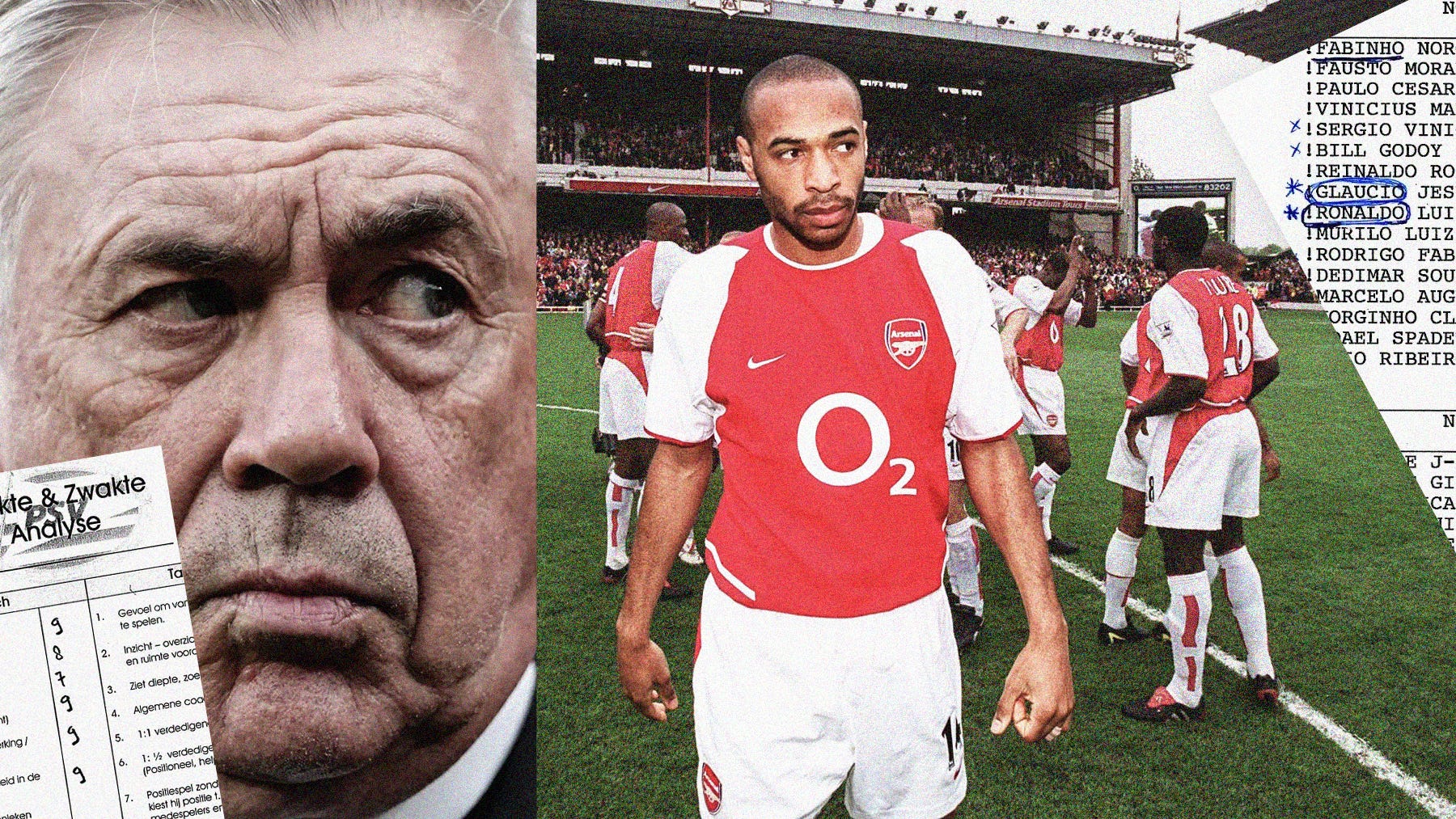 A composite image featuring a close-up photo of Carlo Ancelotti with his eyebrow raised and a wide-frame photo of Thierry Henry at Highbury in the 2003/04 season with the Arsenal squad behind him; overlayed onto it are clippings of Piet de Visser's scout reports on Ronaldo Nazário and Ronaldinho