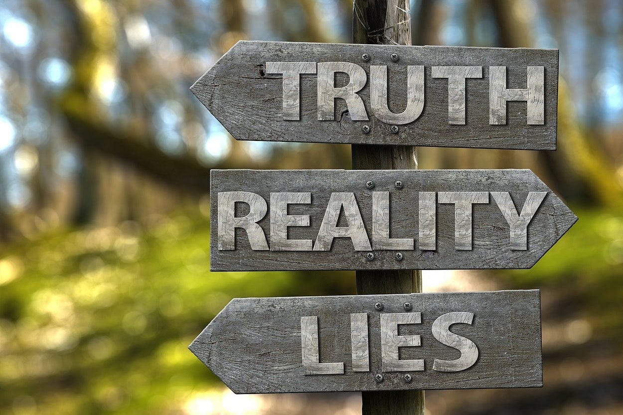 Image shows a wooden road sign with three words — truth, reality and lies. Truth and lies point to the left, reality to the right. Image shows a wooden road sign with three words — truth, reality and lies. Truth and lies point to the left, reality to the right.