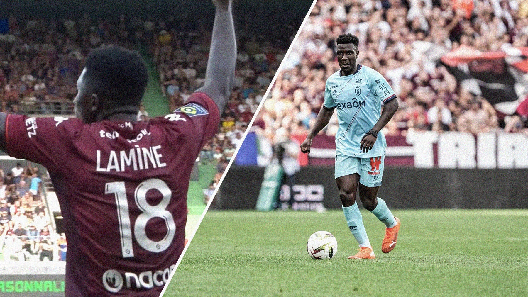 A an image featuring a screenshot of Metz's Lamine Camara from behind and a wide-frame photo of Reims' Azor Matusiwa carrying the ball