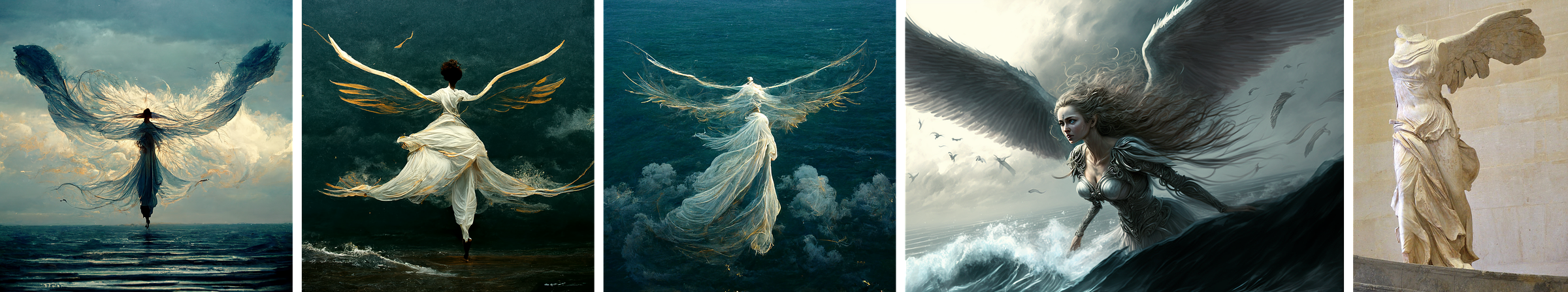 Five images. The first three are painterly illustrations of an angelic or ghostly winged floating over blue water, wearing a loose, flowing garment. She has large wings extending out and upward. The fourth image shows a winged female figure wearing filigreed armor. She has long windswept flowing hair. She is emerging from a wave of water. The fifth image shows Victory of Samothrace, a dramatic, larger than life, ancient Greek sculpture in white marble depicting Nike, the winged goddess of victory. The figure’s arms and head are missing and only her dramatically posed body, draped in the intricately carved, flowing fabric and her swept-back, feathered wings are intact. The garment is very closely fitted from the waist up, revealing the contours of her stomach and breasts. Flowing folds and valleys in the stone garment cover her from the waist down. She is on the bow of a warship, striding forward, landing, or taking flight. Loose fabric flows dramatically behind her, caught and animated by the wind.