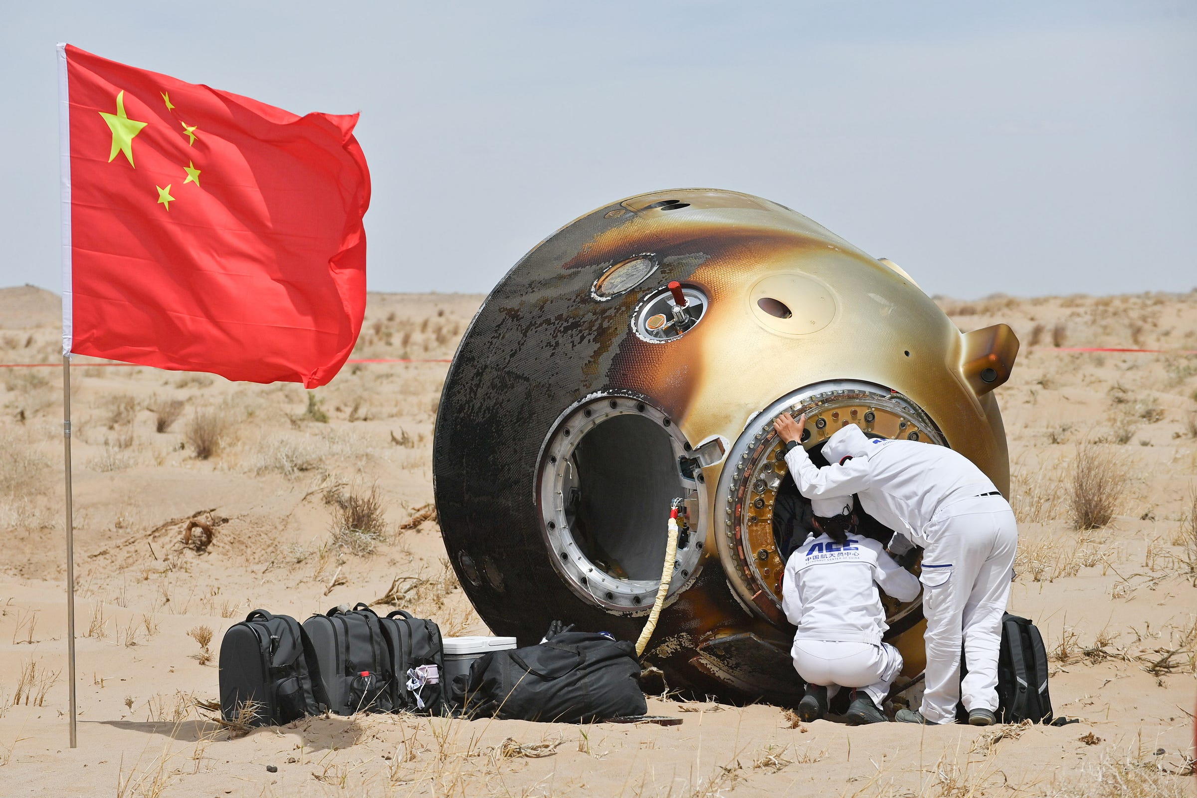 The Shenzhou-19 spacecraft’s descent module after touching down in the Inner Mongolia region.