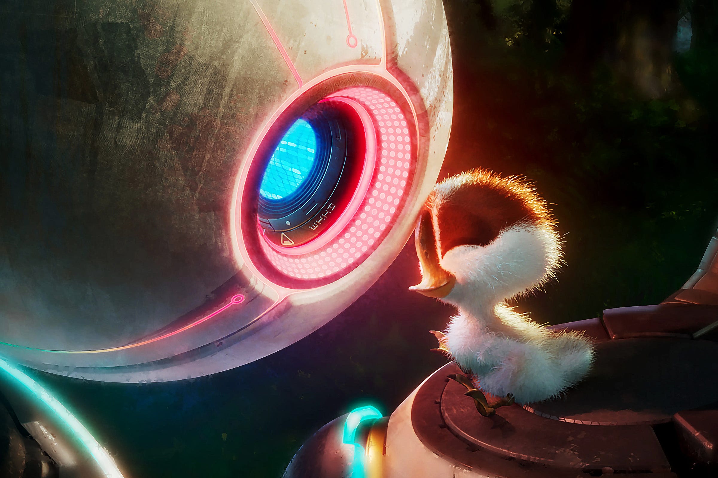 Close-up image of the round head of a humanoid robot with glowing pink lines and blue eye holding a tiny fluffy gosling that's leaning its head on the robot