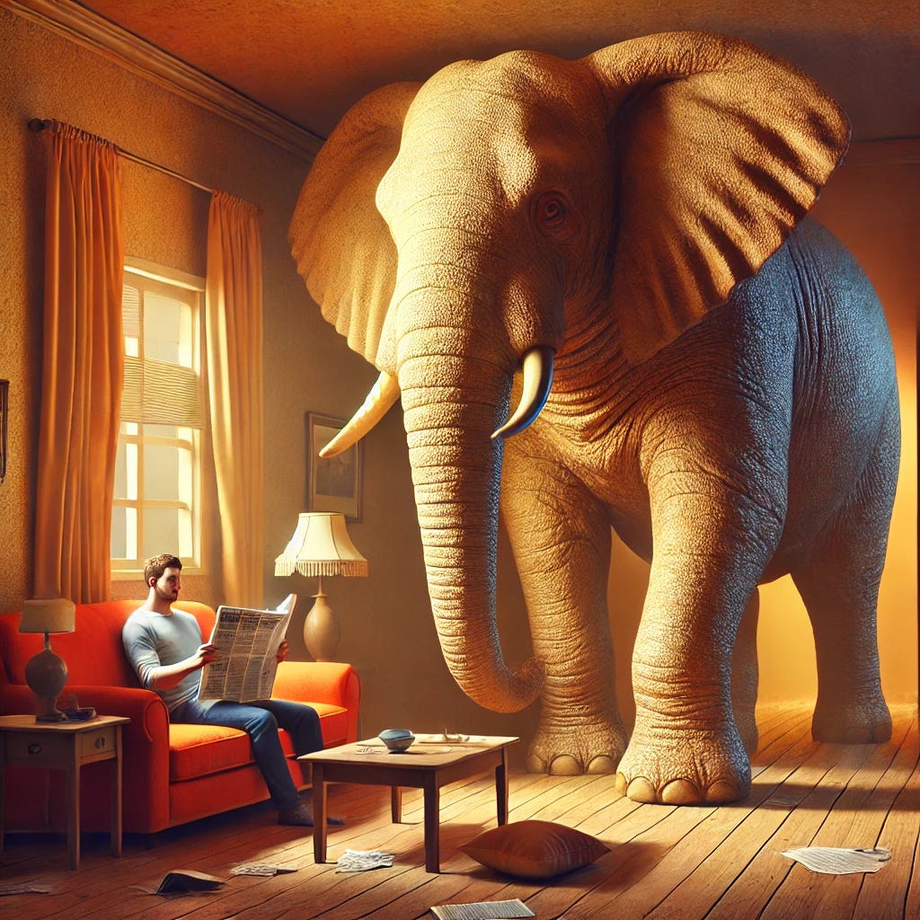 A surreal digital painting of a massive normal-colored elephant standing in the middle of a cozy living room. The elephant is taking up most of the space, knocking over furniture, but the human subject sitting on the couch remains completely oblivious, calmly reading a newspaper. The scene is absurd yet unsettling, with warm lighting that contrasts with the sheer impossibility of the situation. The painting should capture the theme of denial and ignorance of the obvious in a visually striking way.