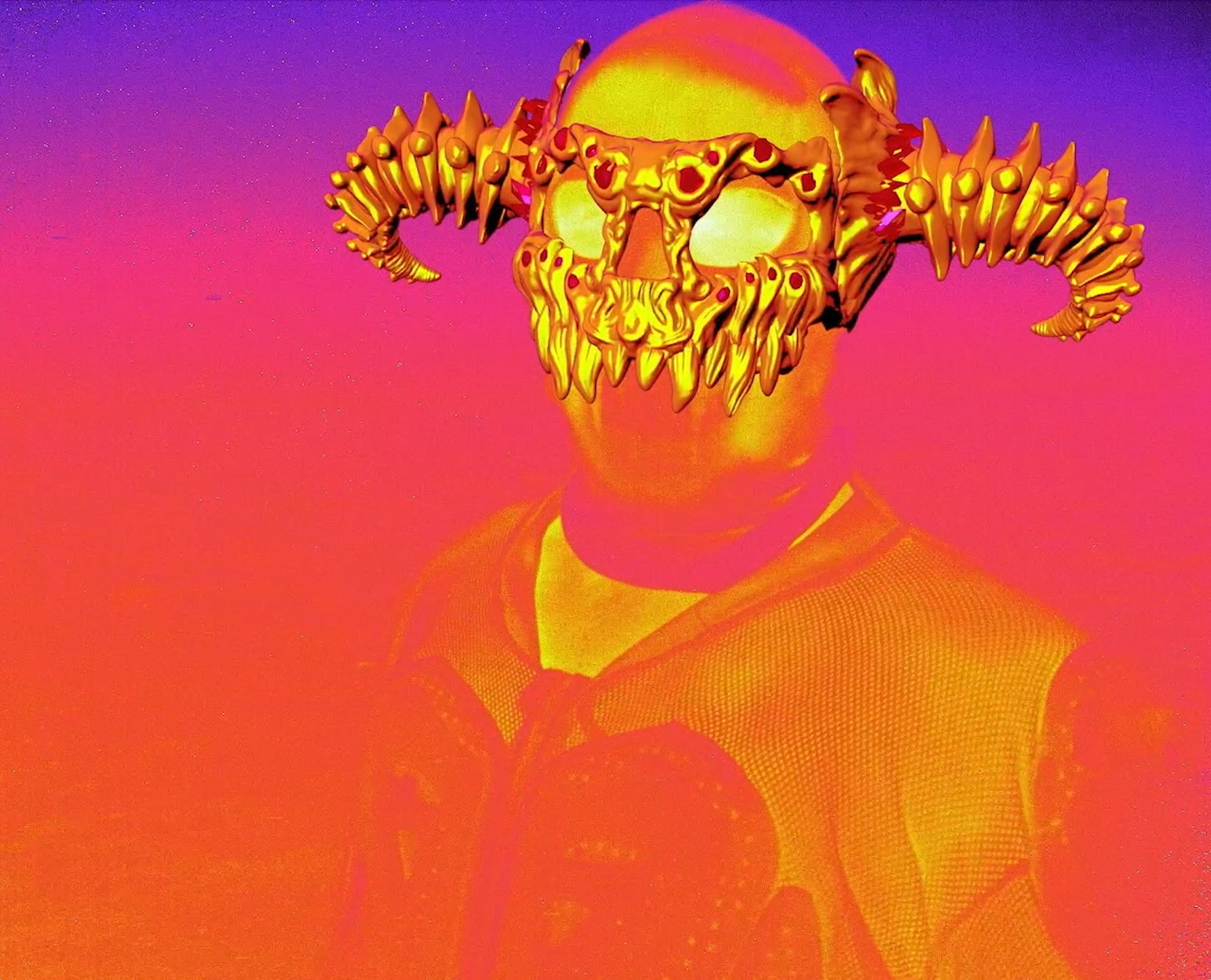 A hypercolor shot of a guy with an animated monster skull imposed on his face