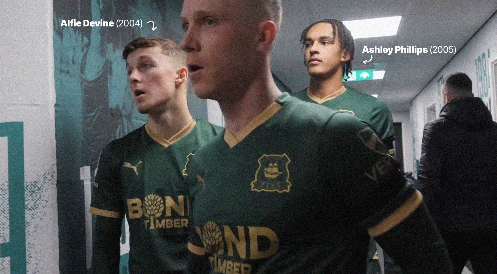 A screenshot of Plymouth Argyle's Alfie Devine, Adam Forshaw and Ashley Phillips in the tunnel.
