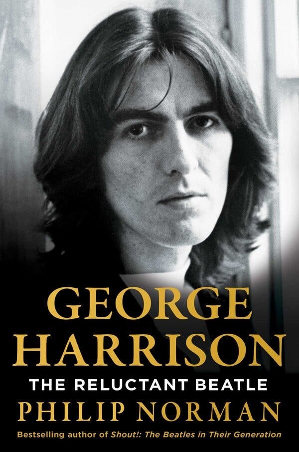 A book cover features a black-and-white photo of George Harrison. The title is “George Harrison: The Reluctant Beatle.” The author is Philip Norman.