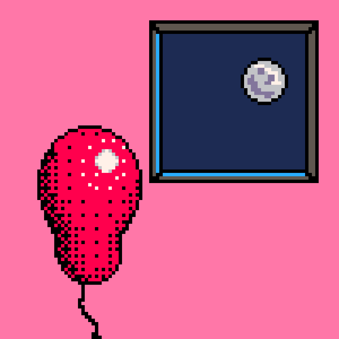 A pixel art portrayal of a pink room with a grey, blue moon framed by a grey window. To the left side of the window is a red balloon. 