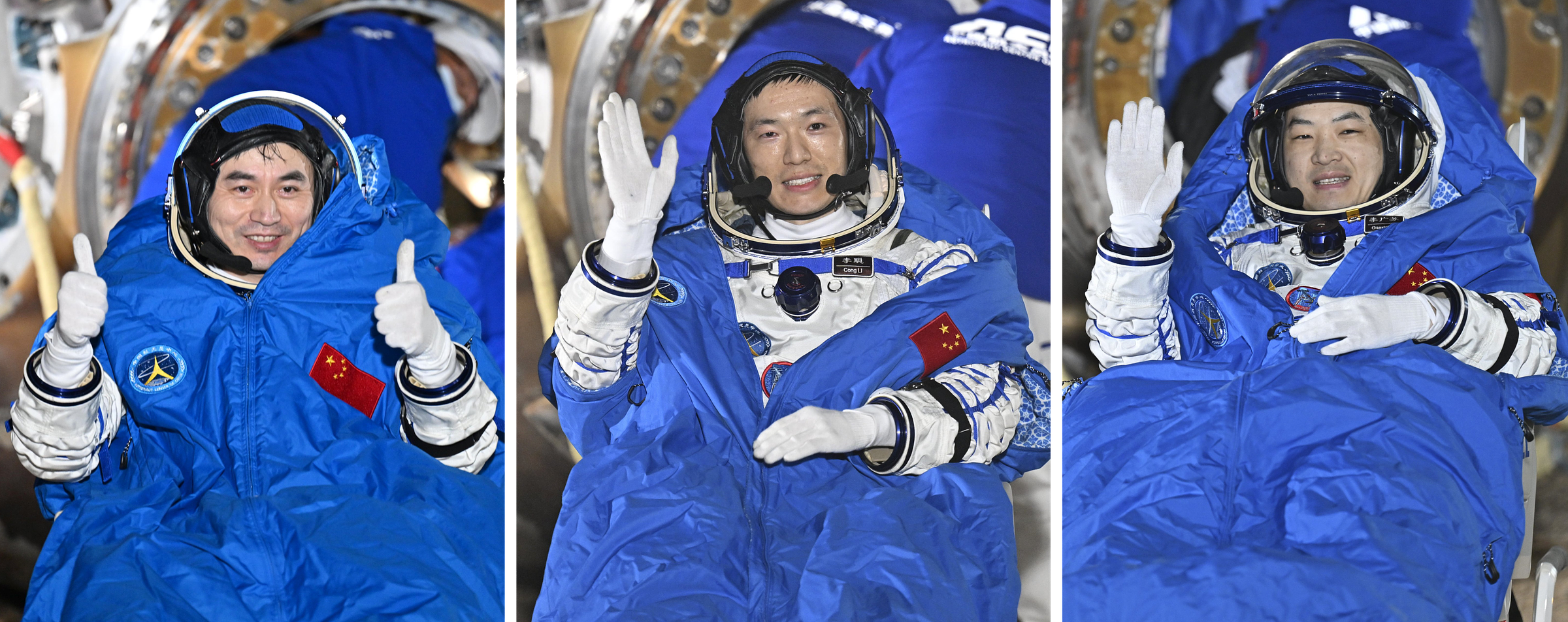 The Shenzhou-18 crew after being recovered from their reentry capsule: Ye Guangfu (left), Li Cong (center), and Li Guangsu (right).