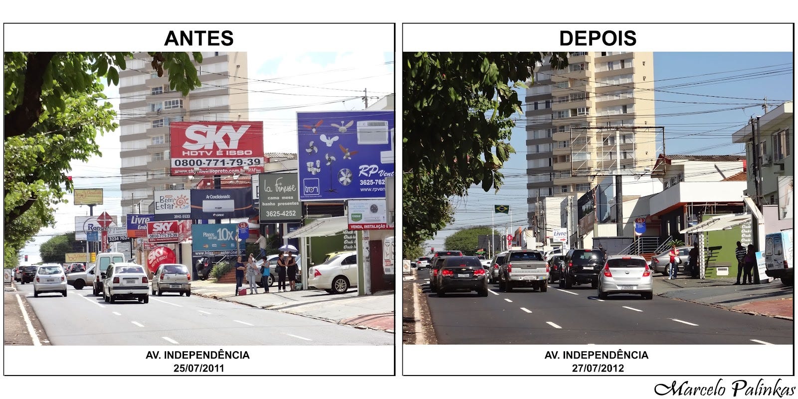 Duas fotos da Avenida Independência: à esquerda, em 2011, com muitos outdoors e propagandas na rua e, à direita, em 2012, o mesmo trecho sem outdoors e propagandas nas fachadas