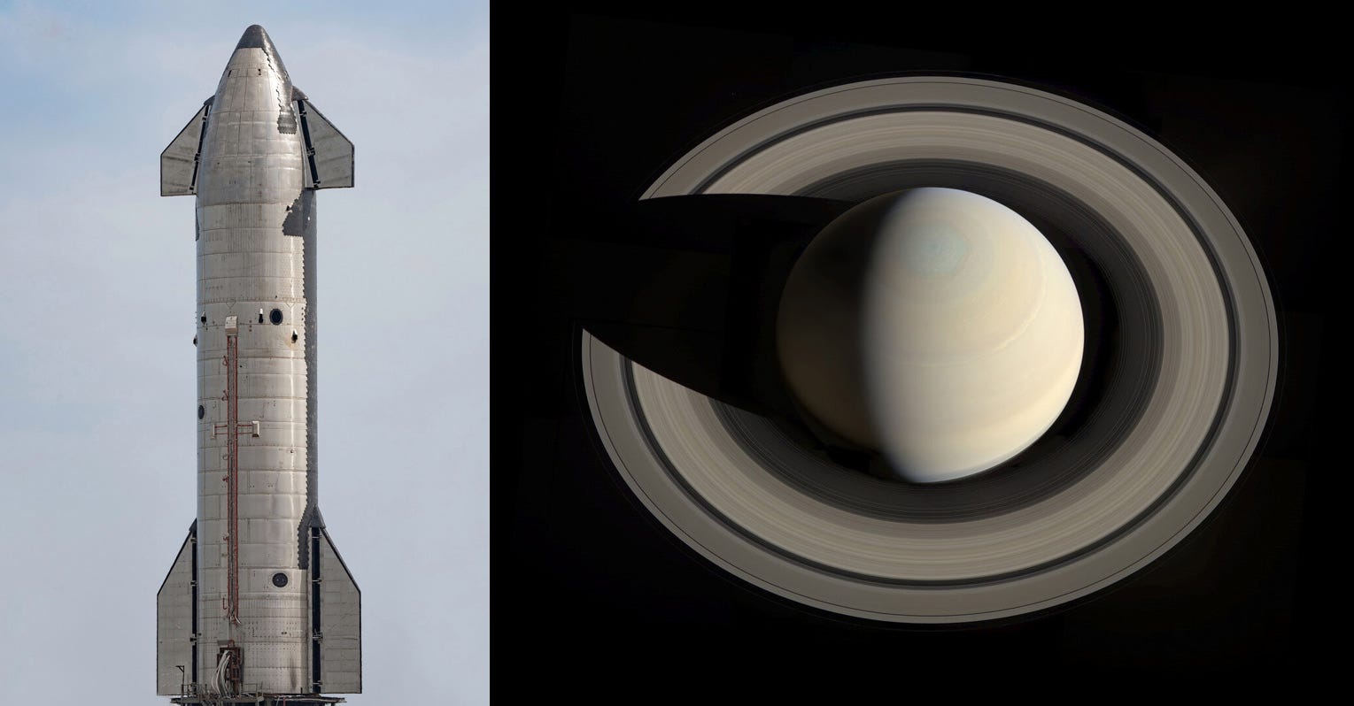 On the left is a photo of the Starship, a tall silvar rocket with fins on the side, and on the right is Saturn against the blackness of space seen from far above so the entire ring system is visible, and the planet's shadows falling across the rings as well. On the left is a photo of the Starship, a tall silvar rocket with fins on the side, and on the right is Saturn against the blackness of space seen from far above so the entire ring system is visible, and the planet's shadows falling across the rings as well.