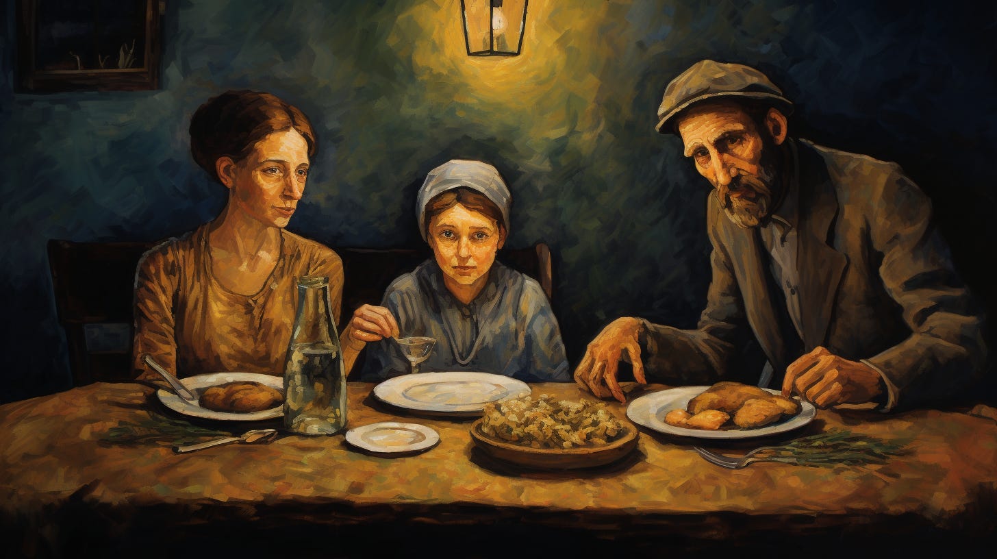 A farmer and his family having dinner on the dining table , bread loaves, gruel and wine , painting in the style of Vincent Van Gogh, Post Impressionism