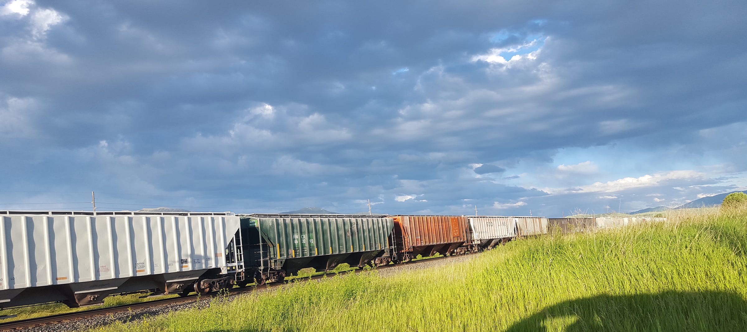 A freight train with colorful cars -- white, green, orange, brown, goes by a grassy area under a cloud-filled sky.
