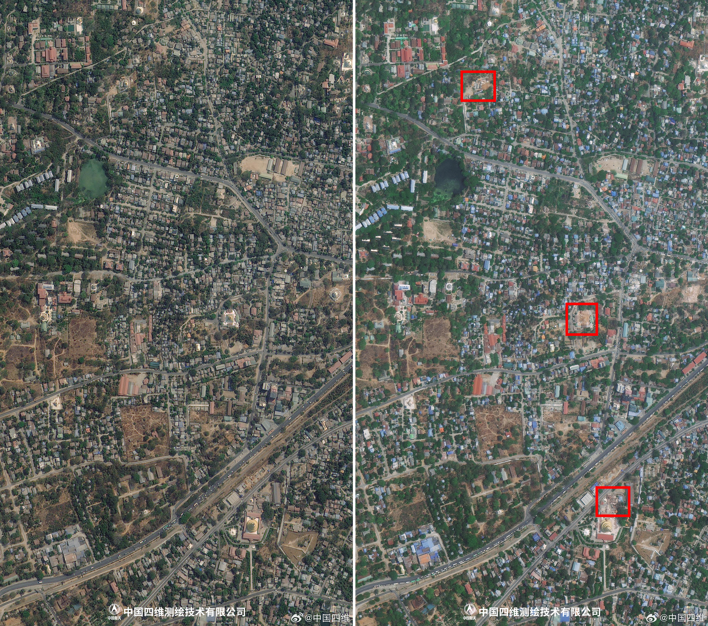 Before (left) and after (right) images of suburbs in Mandalay, Myanmar.