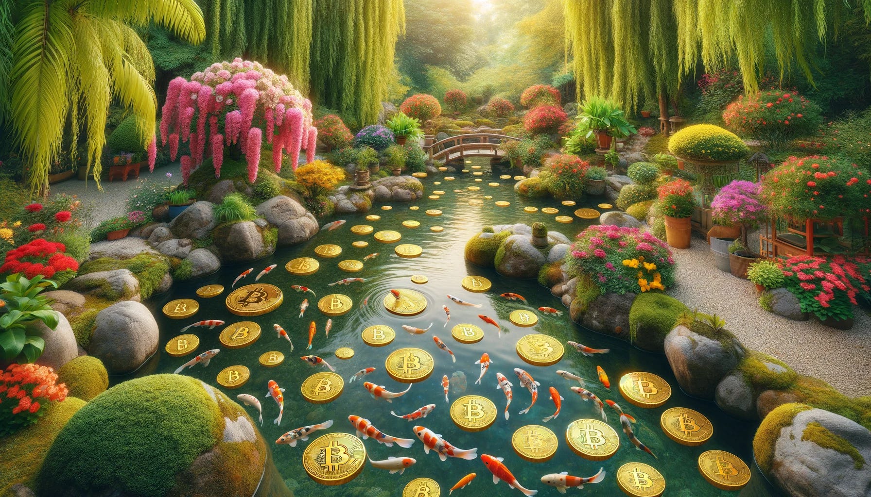 A whimsical landscape scene of a koi fish pond, enhanced with a greater abundance of Bitcoins. The tranquil pond, surrounded by lush greenery and blooming flowers, is filled with colorful koi fish swimming gracefully. In this imaginative version, the surface of the water is generously sprinkled with a larger quantity of miniature golden Bitcoins than before. These additional Bitcoins float densely on the water's surface, creating a striking and playful surreal element in the scene. The reflections of these numerous Bitcoins in the clear water enhance the visual effect, merging the natural beauty of the pond with the symbolic representation of cryptocurrency. The scene maintains a peaceful and serene atmosphere, illuminated by soft, natural sunlight, with the layout adapted to a wider perspective for visual impact.
