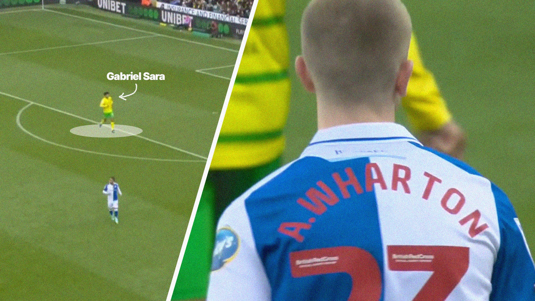A composite image featuring two screenshots of Norwich City's Gabriel Sara anad Blackburn Rovers' Adam Wharton.