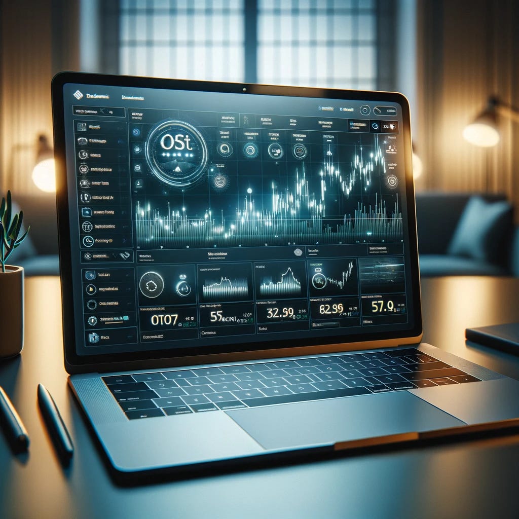 A detailed view focusing on a modern, high-resolution laptop screen displaying an investment platform's homepage. The laptop is situated on a stylish, organized desk with ambient lighting that creates a focused and professional atmosphere. The screen shows a sophisticated investment platform interface with a clean, intuitive design. Featured prominently are real-time stock charts, portfolio balances, and investment tools. The interface includes tabs for market trends, account management, and educational resources. This setup conveys a sense of advanced technology and financial empowerment, appealing to both novice and experienced investors.