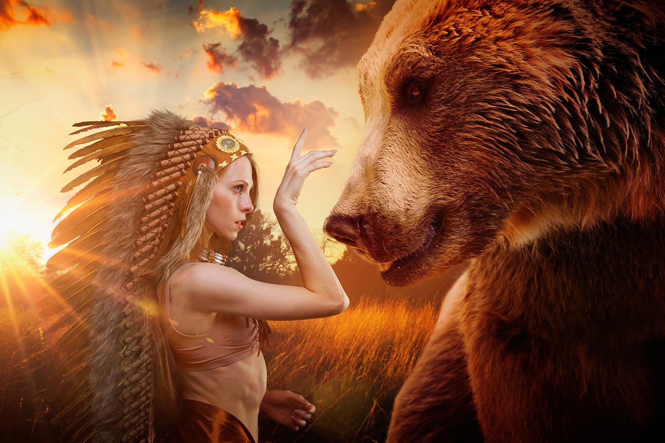 Fantasy image of a white woman dressed as a Native American touching a bear