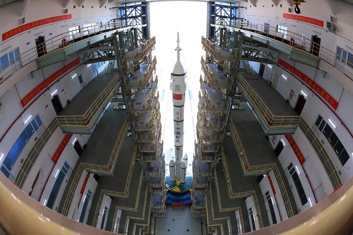 The Long March 2F/G for the Shenzhou-19 mission rolling out from its assembly building at the Jiuquan Satellite Launch Center.