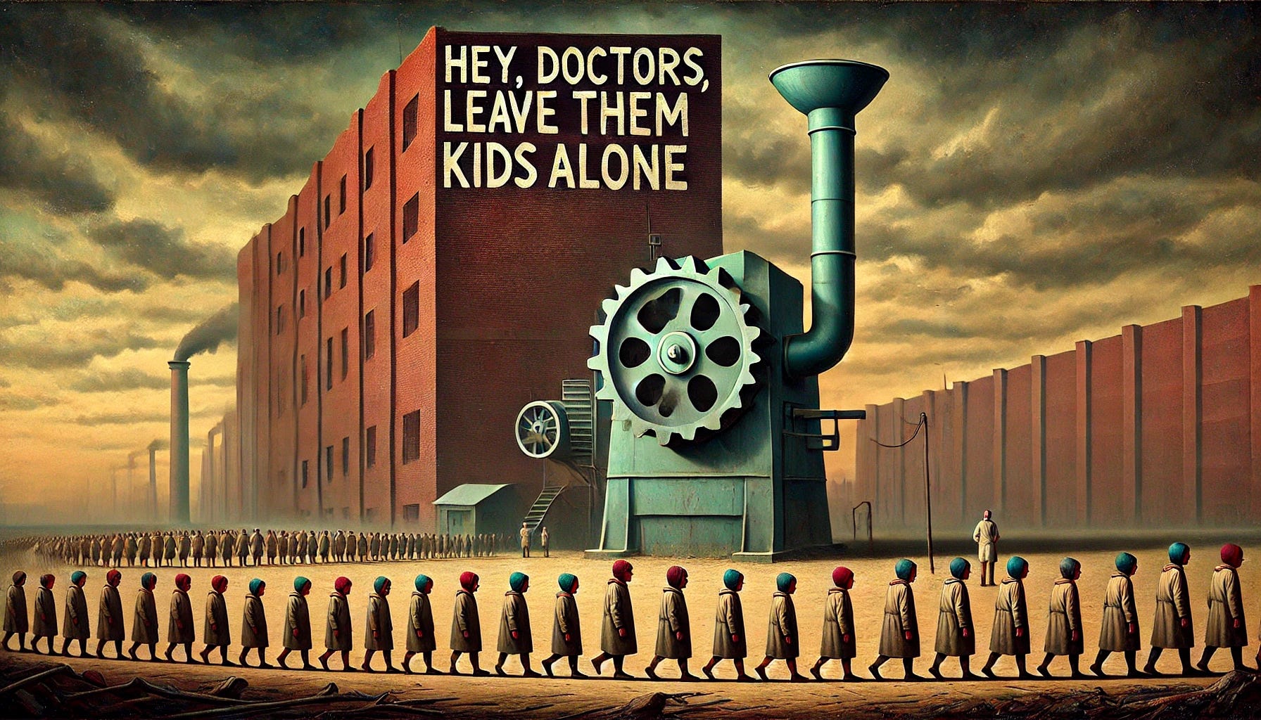 A surreal landscape inspired by themes of control and resistance, with a line of children walking solemnly towards a giant symbolic meat grinder. The background features a towering brick wall with graffiti-style text saying 'Hey, doctors, leave them kids alone.' The atmosphere is eerie and dystopian, with muted colors and a sense of oppression. The scene should evoke a powerful emotional response, blending realism and abstract symbolism.