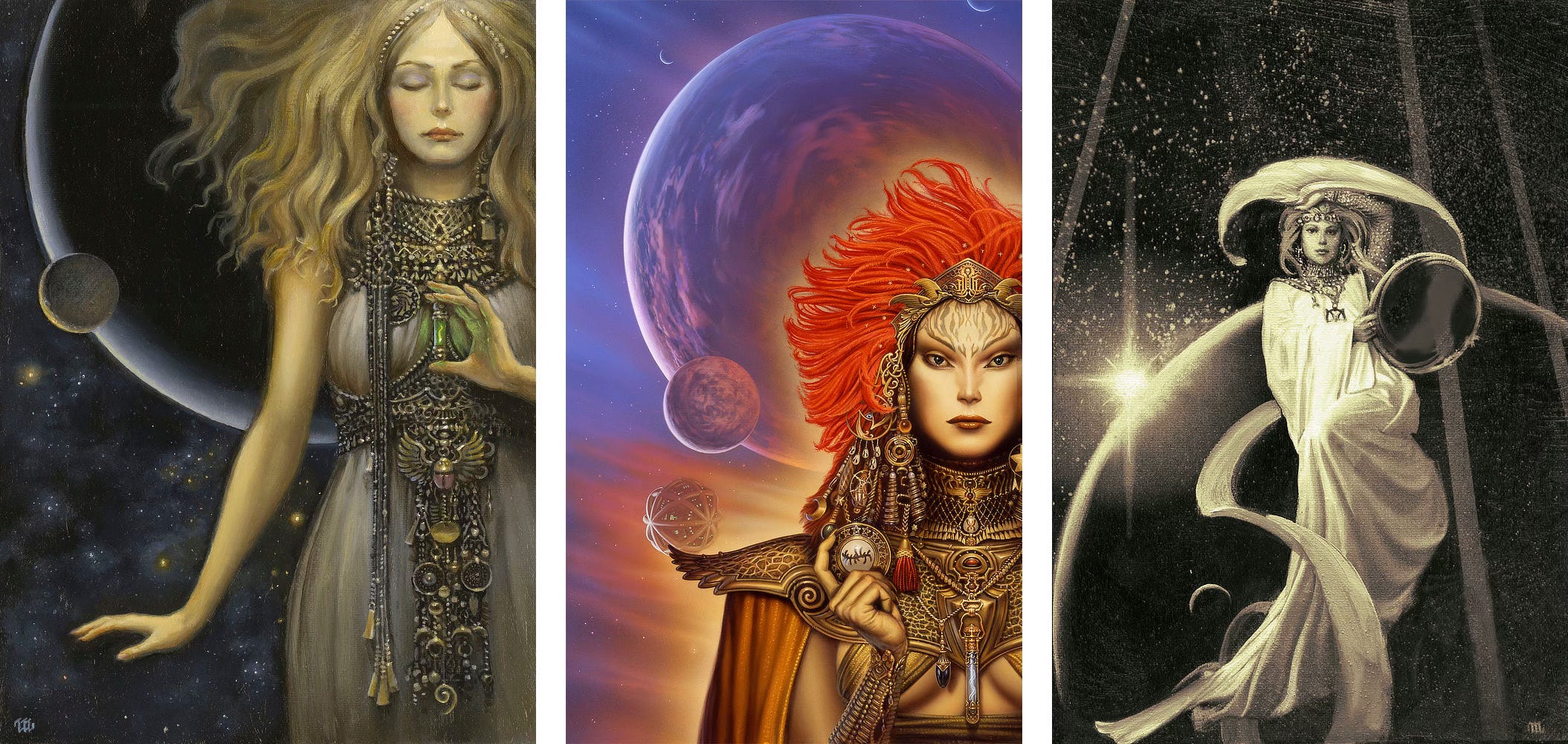 LEFT: Preliminary concept for THE WILDING featuring a woman with eyes closed holding a test tube lit with a spark of green energy. She wears a white dress draped with jewels, baubles, and tassles. Behind her hovers a large planet and smaller moon set against a star field.  CENTER: A woman wearing an ornate headdress dominates the right side of the painting. Wild tufts of thick red hair rise above a bronze tiara, a regal mane to match flame-like tattoos covering her forehead. An assortment of jewels, baubles, and tassels hang from the headpiece. Her neck is similarly adorned with decorative armor that flares wide at the shoulders and ends at a point over her breastbone where a test tube lit with a current of electricity hangs. A shimmering cloak drapes from the one pauldron visible. Bands of glittery fabric extends on a diagonal from under the armor to cover her breasts, but leave a patch of tanned skin between exposed. In her hand she holds a large token, the border filled with five-pointed stars wrought in bronze on black and the center a bulbous pearl with a flowing alien script. Behind her floats a huge cloud covered planet. Two crescents shine above, while a larger, similarly clouded moon intersect below. Another satellite hovers nearby—apparently artificial given the green glowing lights of technology at its core and metal bands spider-webbing around it. The star field backdrop is saturated the same lilac hue as the planet, but below wispy clouds are suffuse with golden light that radiates from around the woman.  RIGHT: A tonal preliminary concept for THE WILDING featuring a woman in white robes holding a circular mirror. Behind her a sun flares behind the silhouette of a large planet.