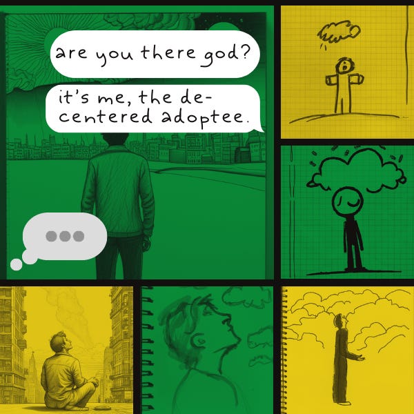A multi-panel comic strip in green and yellow showing a young adoptee looking up toward "god" with a text message in the style of Judy Bllom that reads "Are you there god, it's me the de-centered adoptee." God is writing a response but we don't see it yet.