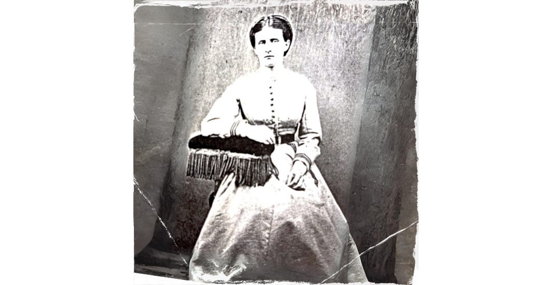 Young woman in modest dress circa 1860s