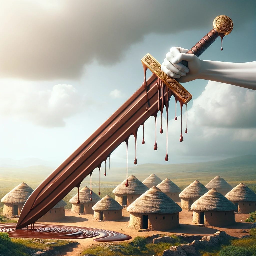 A surreal image depicting a sword made entirely of chocolate, held by a white hand. The sword has chocolate dripping from the blade, resembling blood drops. Below the sword, traditional African mud huts are arranged, receiving the falling chocolate drops. This striking visual metaphor contrasts the symbolic weapon with the peaceful, rustic homes, illustrating a theme of impact and influence. The scene is set in a serene, natural background to enhance the surrealism and metaphorical depth of the image.