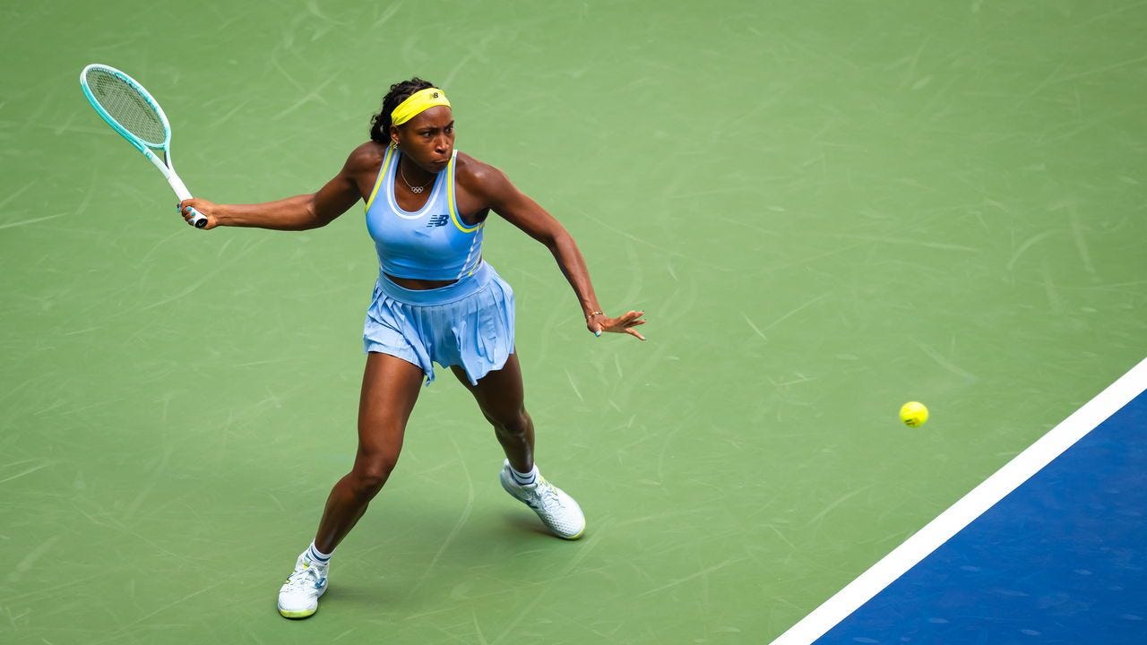 Coco Gauff of the United States in action at the baseline of the court, in the first round on Day 1 of the US Open.
