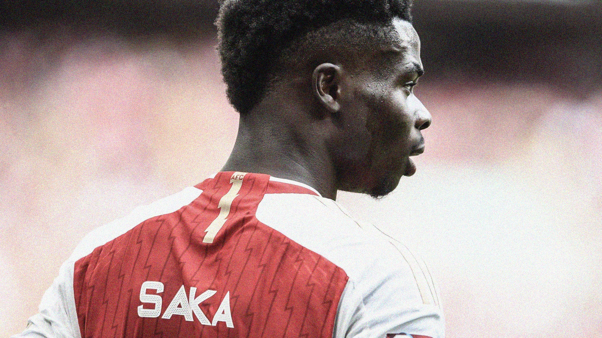 A close-up photo of Arsenal's Bukayo Saka from behind