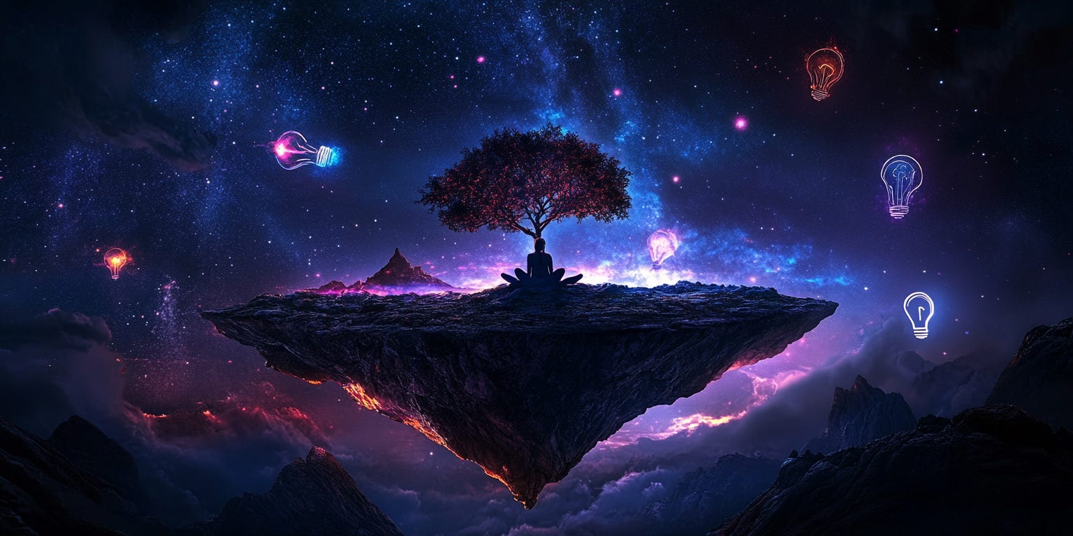 A lone figure sitting cross-legged on a floating island in a vast, starry void. 