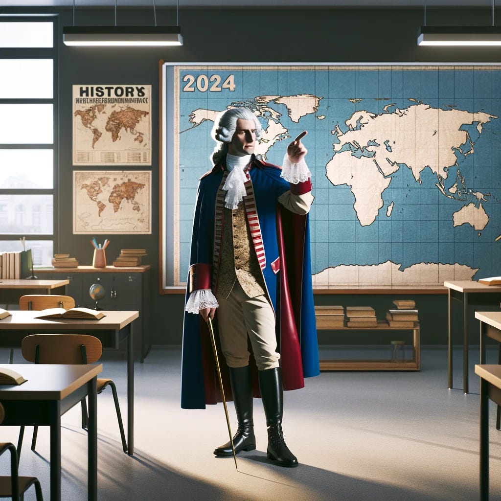 A modern classroom scene with a man resembling George Washington, dressed in a mix of historical and contemporary clothing, standing and pointing at a 2024 world map. The setting includes a classroom with educational posters, a chalkboard, and modern desks. The atmosphere suggests a history lesson in progress, with the figure of Washington adapted to a contemporary educational context, bridging the past and present.