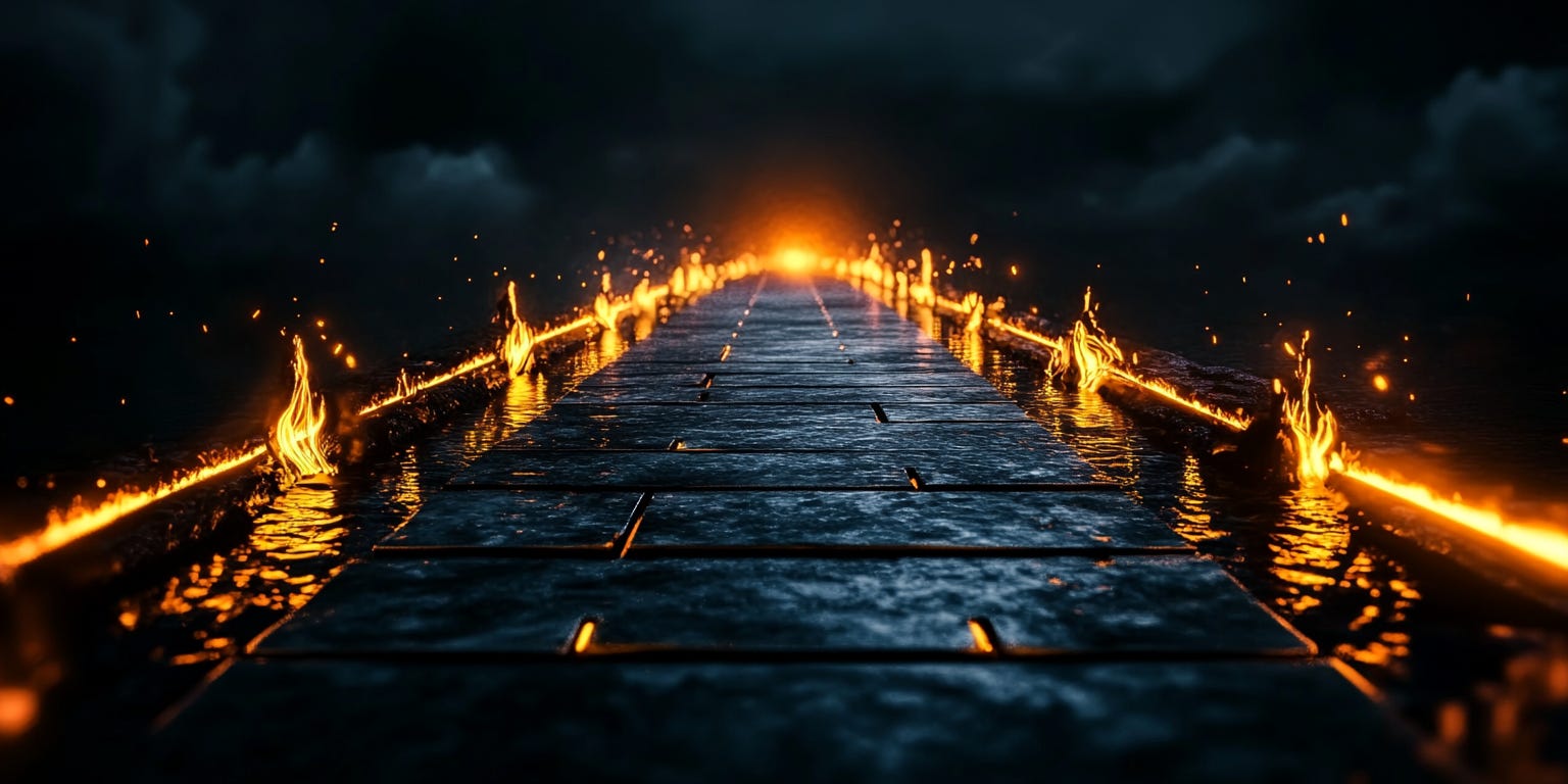 A single burning bridge over a misty abyss, with the near side glowing bright with golden light while the far side fades into shadows. Minimalist art style, soft gradient background, dramatic lighting.