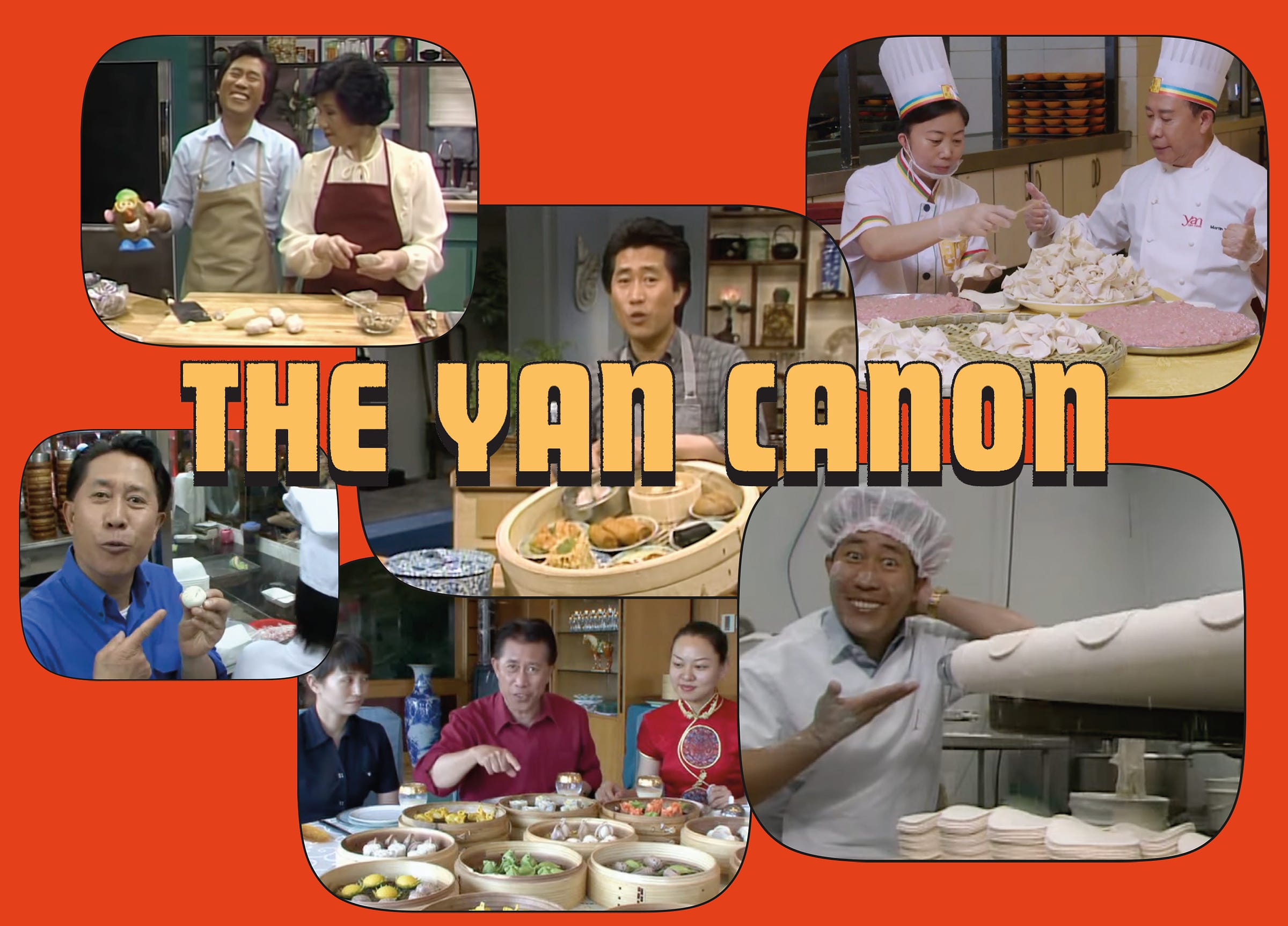Still captures from the episodes of Yan Can Cook that are included in the playlist linked in the caption; they represent Martin Yan across multiple eras and television shows