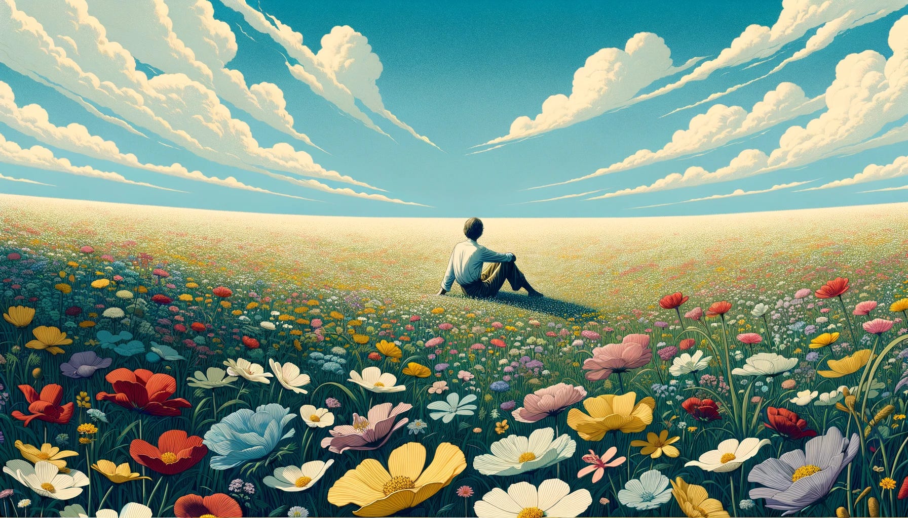 An elegant and sophisticated illustration depicting a person sitting serenely in a vast field of vibrant flowers, under a clear blue sky. The style is reminiscent of illustrations found in The New Yorker magazine, known for its artistic and thoughtful approach to visual storytelling. The scene is peaceful and idyllic, with the person appearing relaxed and contemplative, perhaps enjoying a moment of solitude amidst the beauty of nature. The composition balances detail and simplicity, with a focus on conveying a sense of tranquility and connection to the environment. The color palette is rich yet subdued, featuring a variety of flower colors against the green of the field and the blue sky, aiming to capture the viewer's imagination and evoke a sense of calm. The image is designed with a 16:9 aspect ratio, perfect for a wide and immersive view of the scene.
