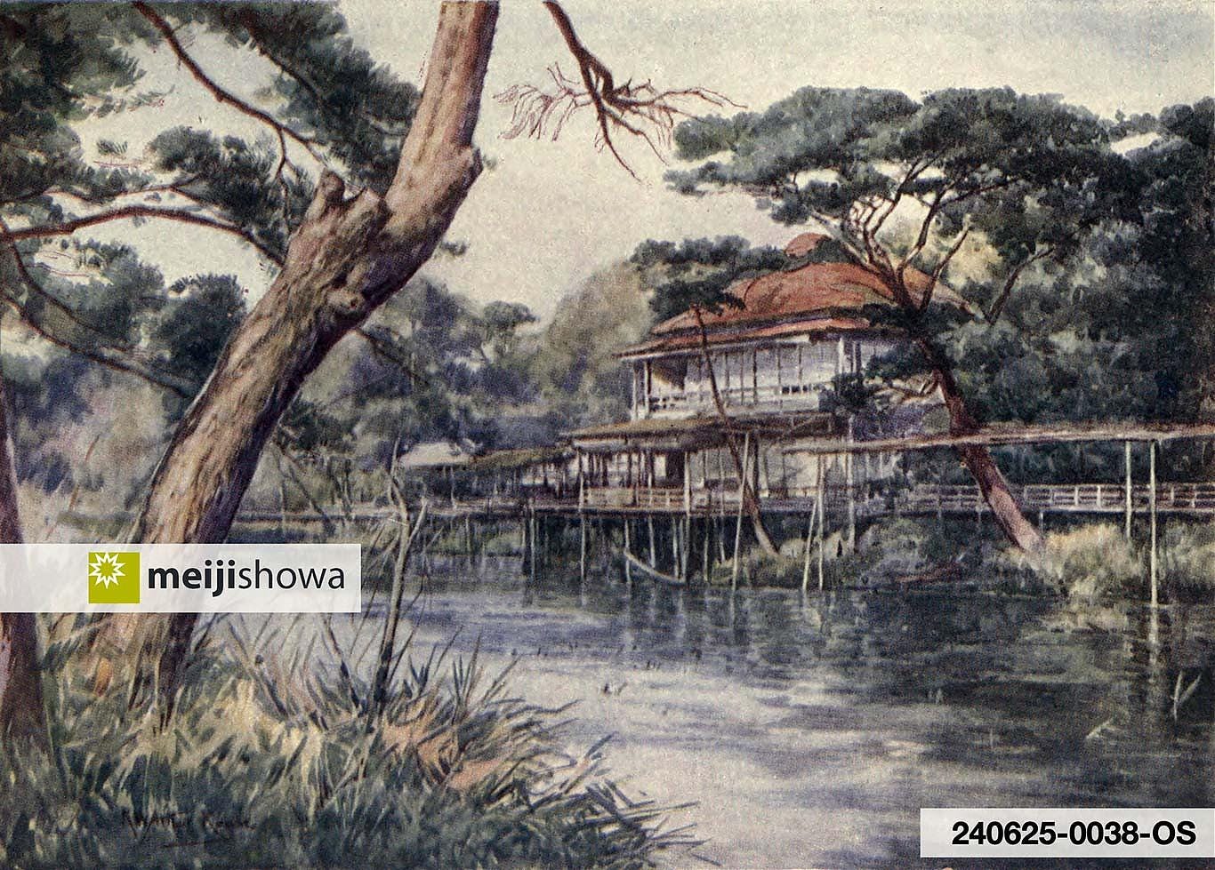 Painting by Robert William Arthur Rouse of a teahouse at Jūnisō Pond around the 1890s