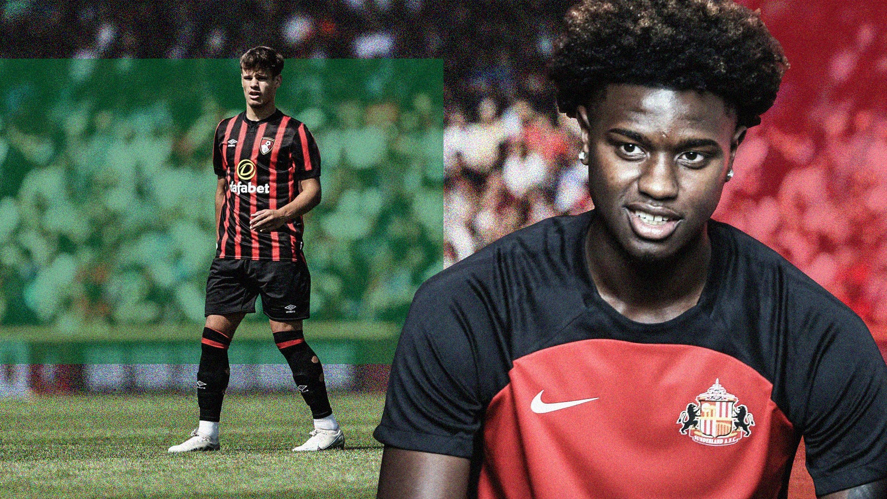 A composite image featuring two photos: one the left is Milos Kerkez playing for Bournemouth, on the right is a close-up of Sunderland's Luís Semedo
