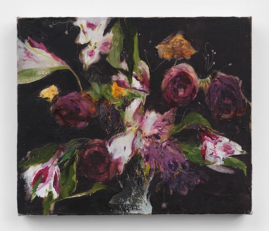 Untitled oil painting by Jennifer Packer, showing abstract purple and pink flowers against a black background.