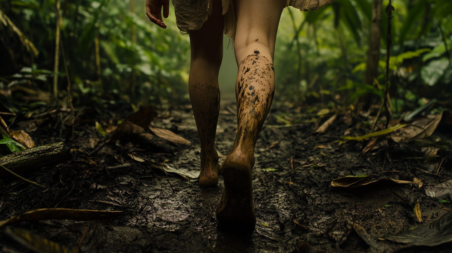 /imagine prompt: transition photography shot of Emily feet walking in the jungle, ground-level angle — cref https://s.mj.run/v-bkWDK3plU — sref https://s.mj.run/v-bkWDK3plU — cw 40 — sw 40 — v 6.1 — ar 16:9