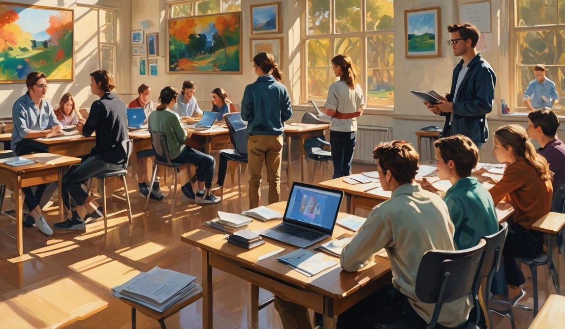 Teenage computer students sit and stand in a classroom. An image for Coding by Candlelight