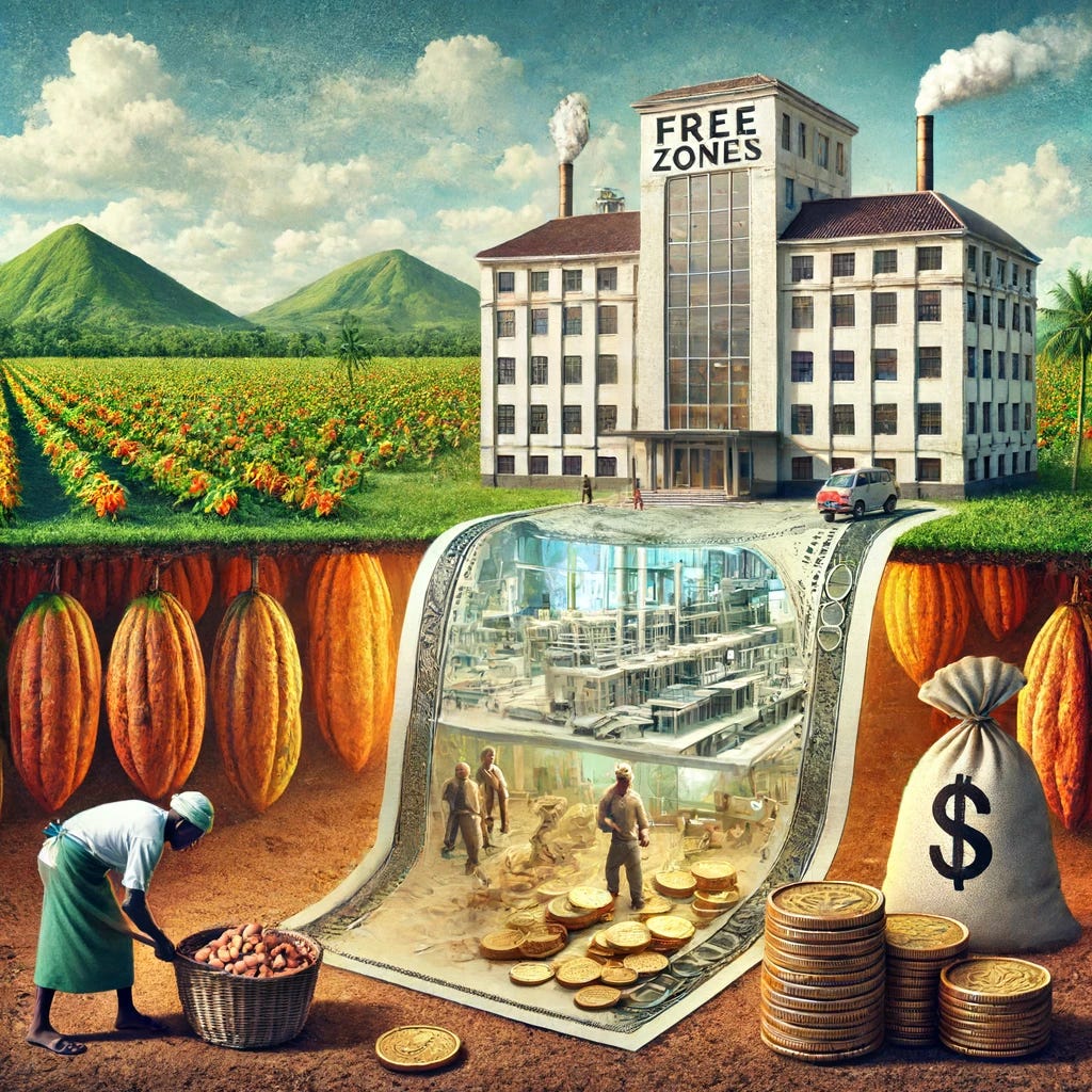 An image illustrating the illusion of free zones contributing to economic growth in the cocoa sector. Show a background of a cocoa farm with a luxurious factory in the foreground. The factory appears prosperous on the outside, but inside the factory, there is a visual representation of emptiness or hollowness, suggesting that the perceived economic benefits are not as substantial as they appear. Include smallholder cocoa farmers working hard on the farm, but with minimal returns shown as small coins or empty baskets. Add a faded or ghostly image of currency flowing out of the factory, indicating profits leaving the country.