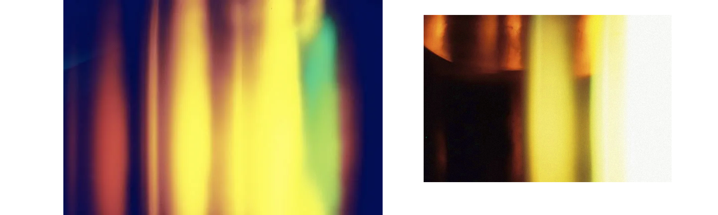 2 images that show big blocks of color in mostly yellow with some hints of orange, red, and green. The images are both 35mm photographs probably of light leak exposed film