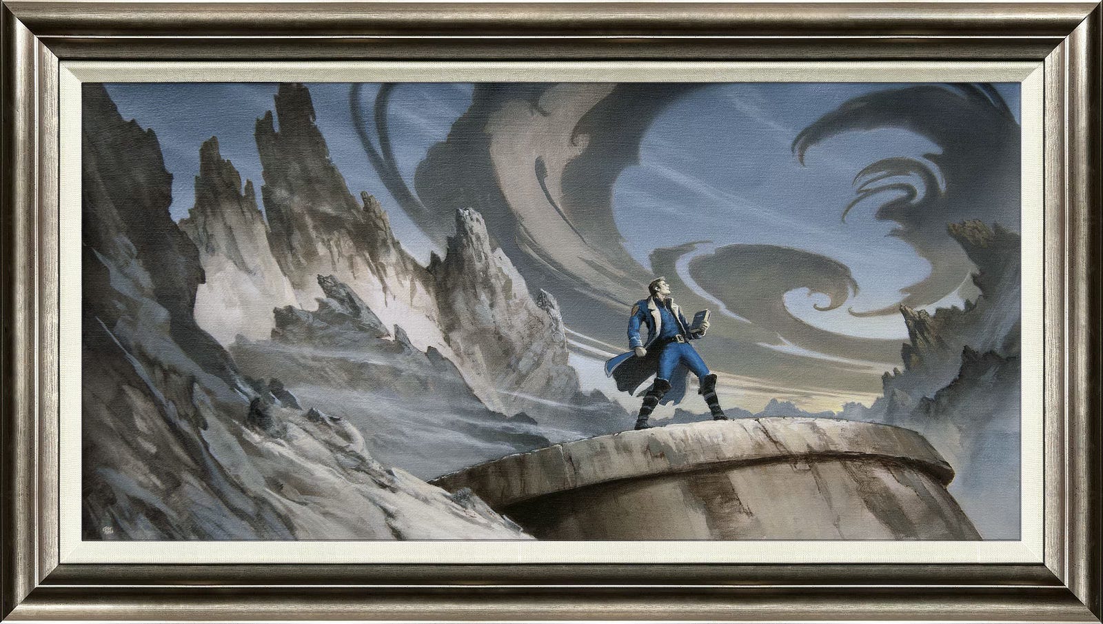 Framed preliminary concept for WIND AND TRUTH featuring Dalinar Kholin in blue uniform holding a book. He stands on a platform that rises high against snow covered mountain. The low angled perspective is disorienting with the swirls of clouds curling overhead.