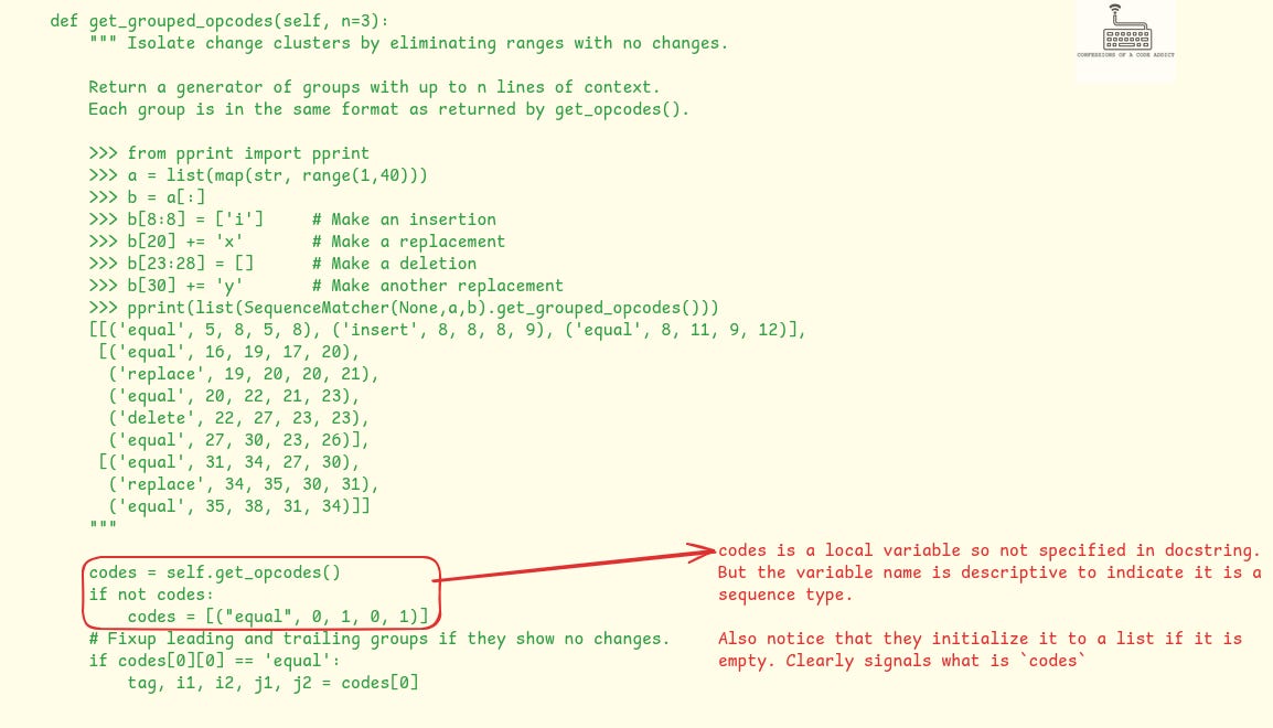 Another example of a clear emptiness check done in Pythonic style. Taken from the difflib module code in CPython. The called function name clearly tells that it returns a sequence, the variable name `codes` is also commonly used for holding sequences and the surrounding code also uses it like a list.