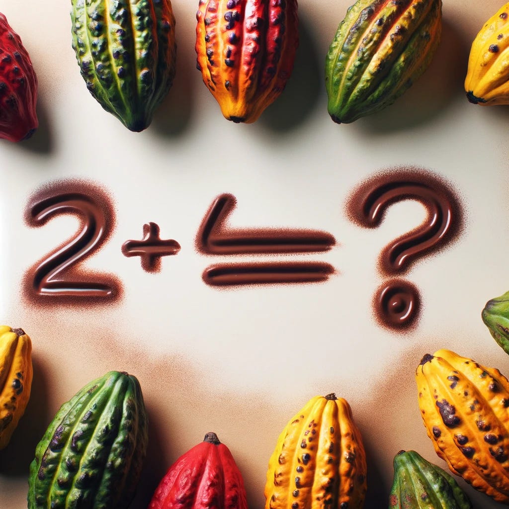 A background of a light-coloured surface with '2+6=2?' written in cocoa liquor. Below the writing, there are cocoa pods of different colours (green, yellow, and red) gathered together. The scene should illustrate confusion or a paradox, with the contrasting vibrant cocoa pods highlighting the erroneous equation.