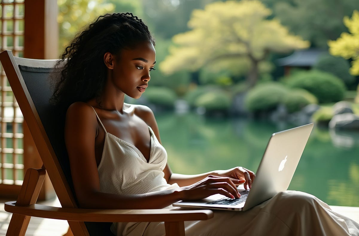 African woman sitting on a deck chair in a Japanese garden typing on her MacBook Pro.