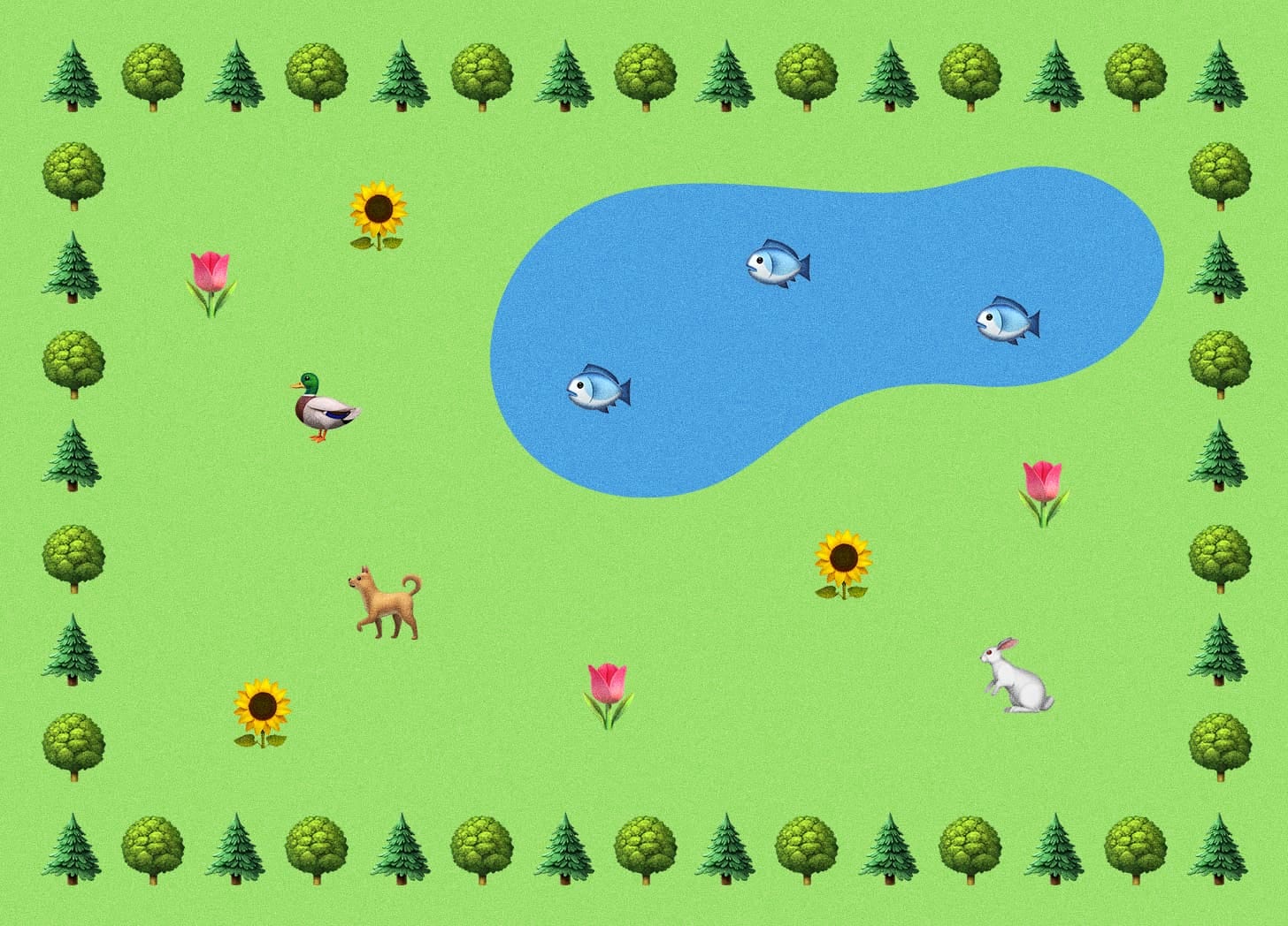 An illustration: inside a rectangle of emoji trees, emoji animals and flowers frolic on grass; a pond with emoji fish is in the upper-right corner