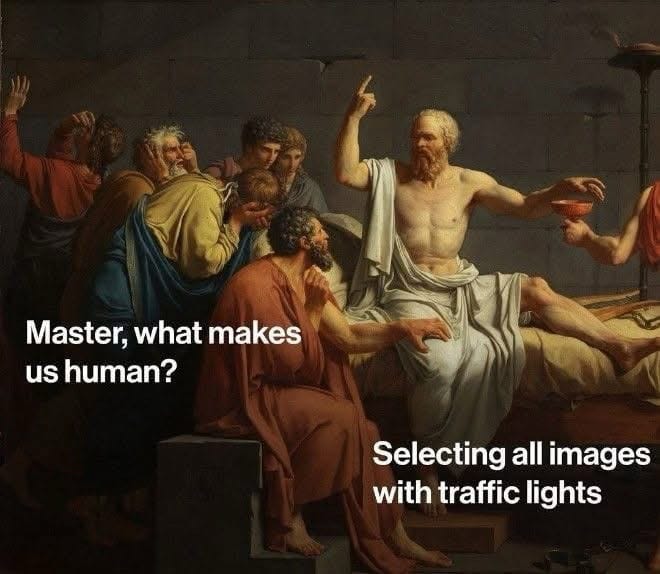 A photo of Socrates. Someone asks him, "Master, what makes us human?" and he answers "Selecting all images with traffic lights."