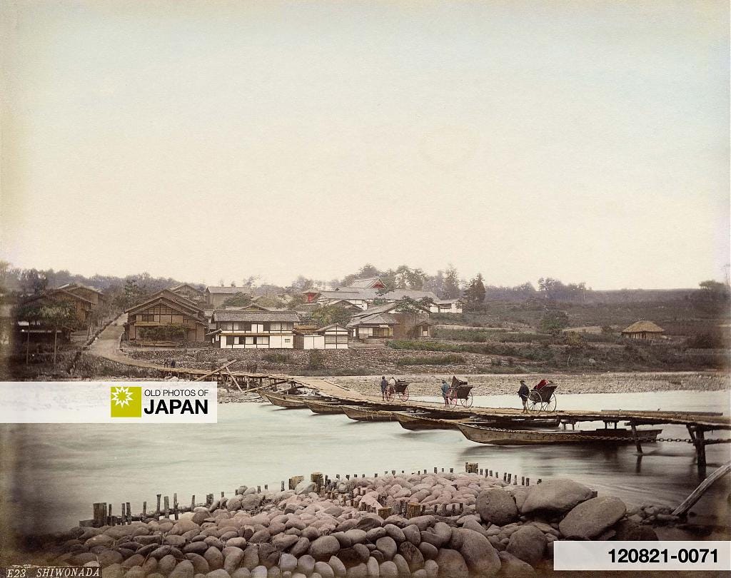 Vintage hand colored albumen print by Adolfo Farsari of a floating bridge on the Nakasendō, ca. 1880s